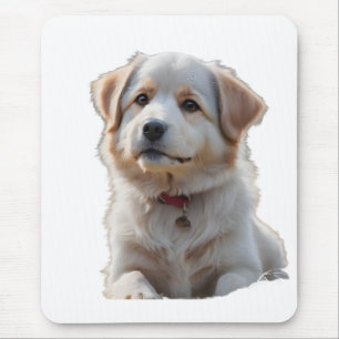 Fluffy White and Tan Puppy Portrait Mouse Pad