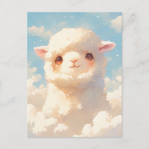 Fluffy White Baby Alpaca Peeking Through Clouds Postcard