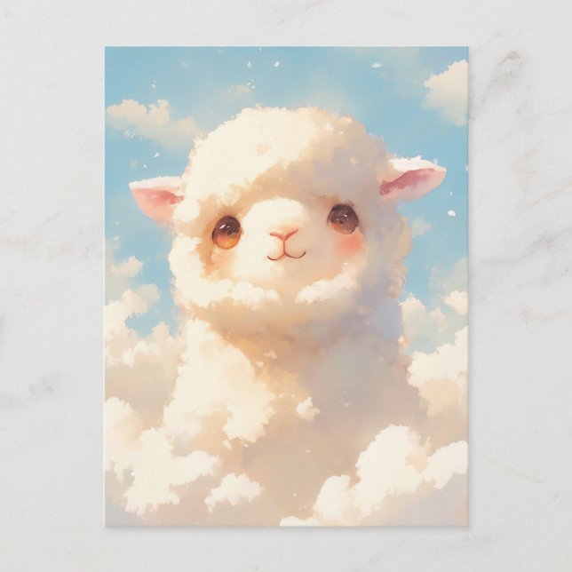 Fluffy White Baby Alpaca Peeking Through Clouds Postcard (Front)