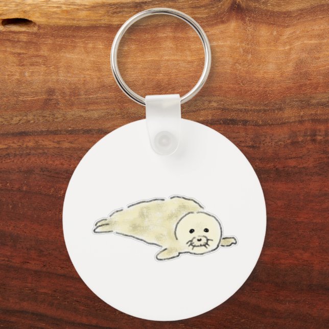 Fluffy White Baby Harp Seal Lying Down Key Ring (Front)