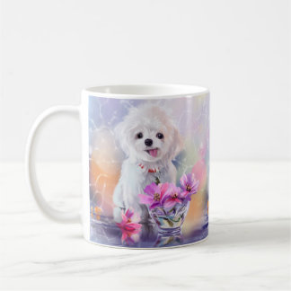 Fluffy white bichon puppy and flowers in a vase coffee mug