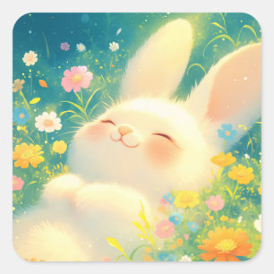 Fluffy White Bunny Sleeping in Colourful Wildflowe Square Sticker