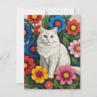 Fluffy White Cat and Folk Art Flowers