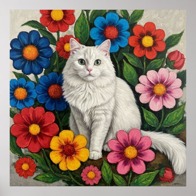 Fluffy White Cat and Folk Art Flowers Poster (Front)