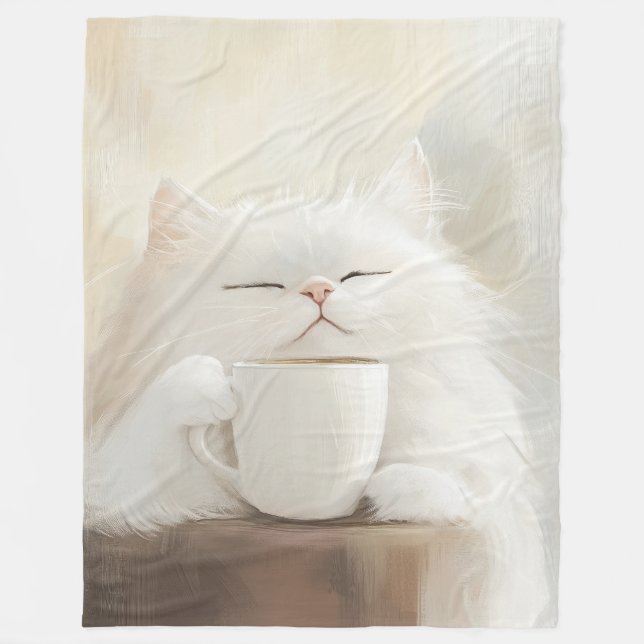 Fluffy White Cat Drinking Coffee – Cosy Whimsical Fleece Blanket (Front)