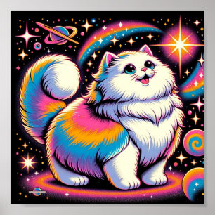 Fluffy White Cat in Space Poster