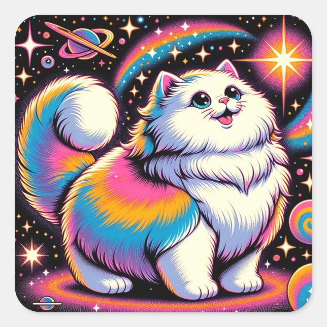 Fluffy White Cat in Space Square Sticker (Front)