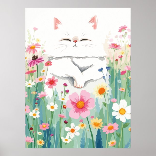 Fluffy white cat in wildflower meadow, cute floral poster (Front)