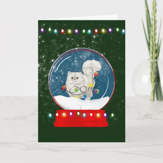 Fluffy White Cat Snow Globe Christmas Card (Front)