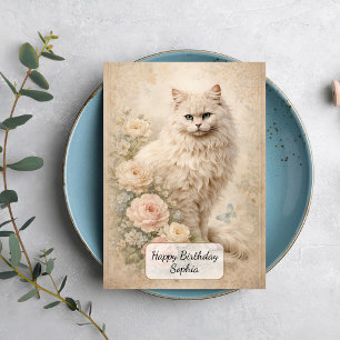 Fluffy White Cat with Roses Card