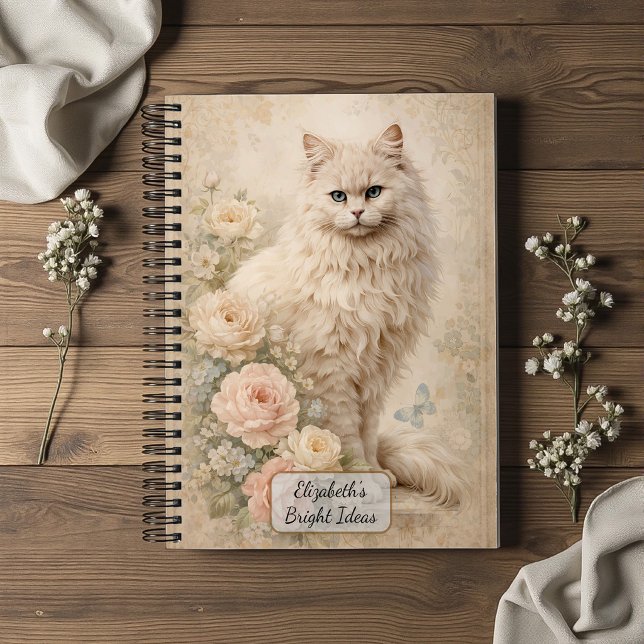 Fluffy White Cat with Roses Notebook (Creator Uploaded)