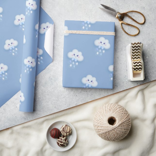 Fluffy white cloud nine blue sky boy baby shower wrapping paper (Crafts)