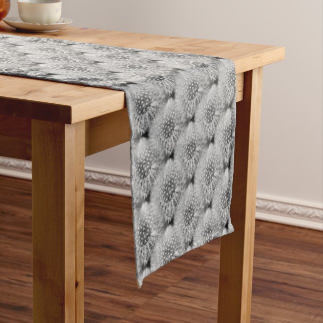 Fluffy White Dandelion Flower Black White Pattern Short Table Runner (In Situ)