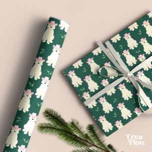 Fluffy White Dog with pink Cowgirl hat Christmas Wrapping Paper