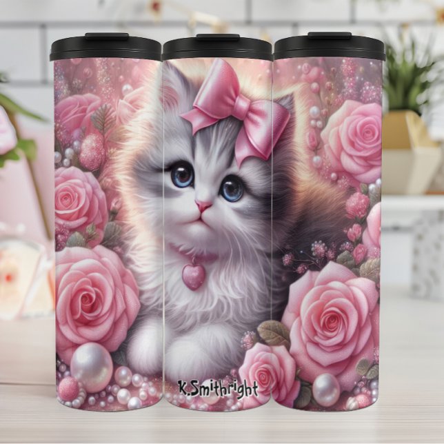 Fluffy White Kitten Pink Roses Thermal Tumbler (Creator Uploaded)