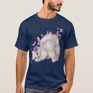 Fluffy White Kitten Surrounded by Pink Flowers and T-Shirt