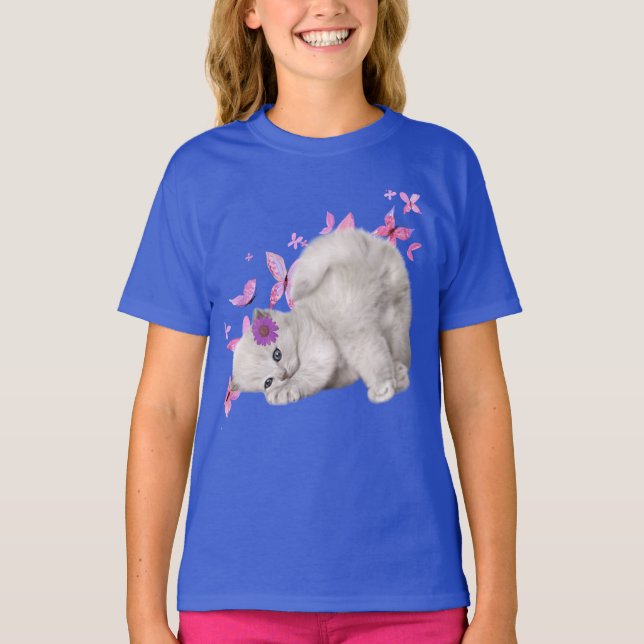 Fluffy White Kitten Surrounded by Pink Flowers and T-Shirt (Front)