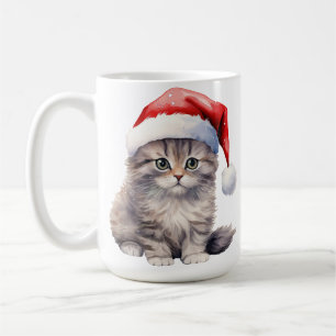 FLUFFY WHITE LONG HAIRED CAT WITH SANTA HAT COFFEE MUG