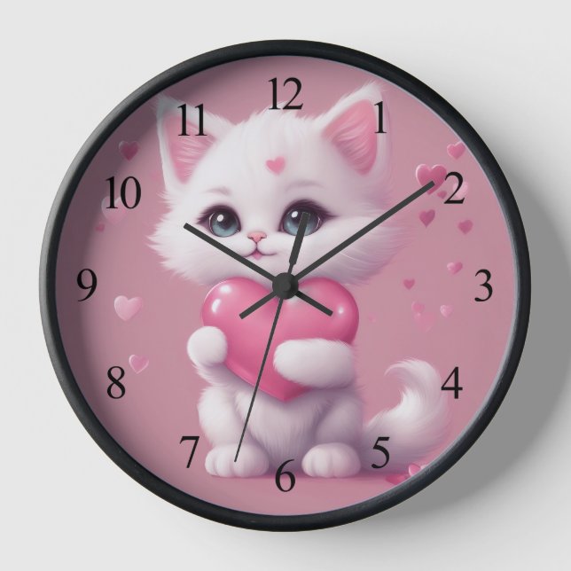 Fluffy White Love Kitten Clock (Front)