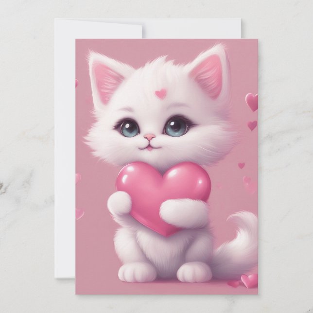 Fluffy White Love Kitten Holiday Card (Front)