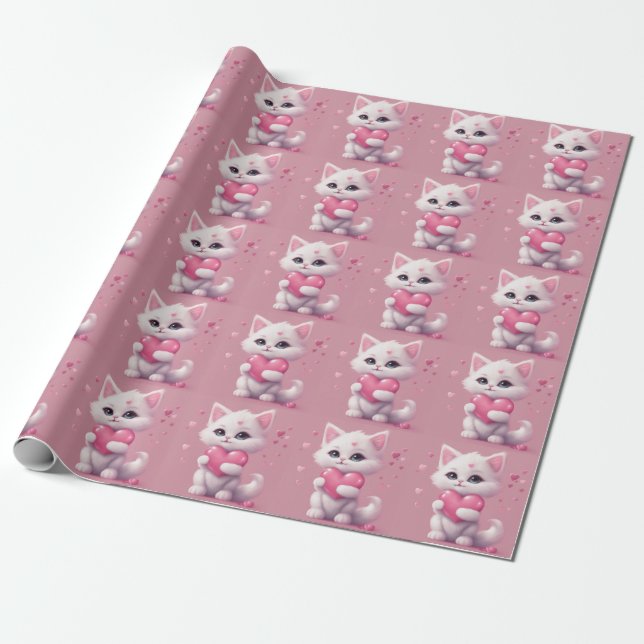 Fluffy White Love Kitten Wrapping Paper (Unrolled)