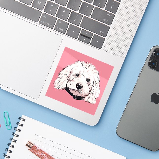 Fluffy White Maltipoo Dog Face Square (Laptop w/ iPhone)