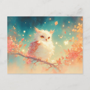 Fluffy White Owl in Autumn Sunset Forest Postcard