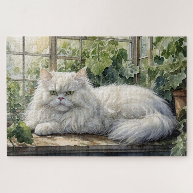 Fluffy White Persian Cat in a Garden Jigsaw Puzzle (Horizontal)