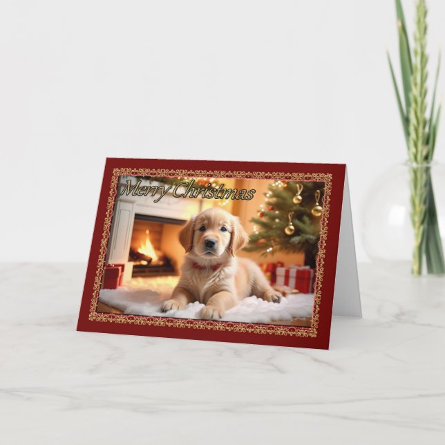 Fluffy White Puppy Christmas Card (Front)