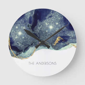 Fluid Abstract Alcohol Ink Gold Navy Glitter Round Clock