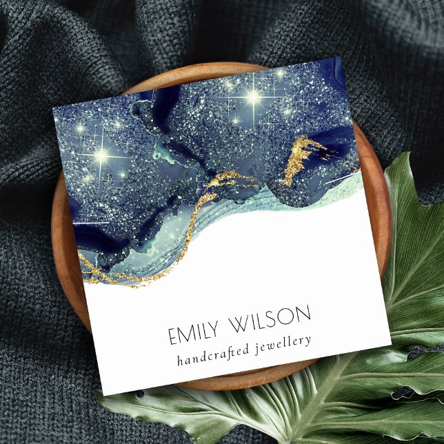 Fluid Abstract Gold Navy Glitter Necklace Display Square Business Card (Creator Uploaded)