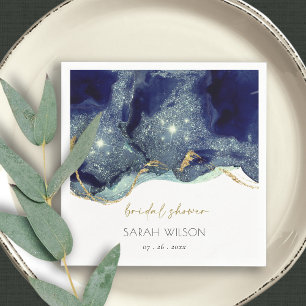 Fluid Abstract Ink Gold Navy Glitter Bridal Shower Napkin