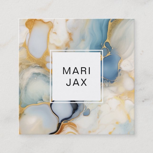 Fluid abstract with white, gold and blue square business card (Front)