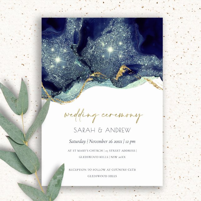 Fluid Alcohol Ink Navy Glitter Wedding Invite (Creator Uploaded)