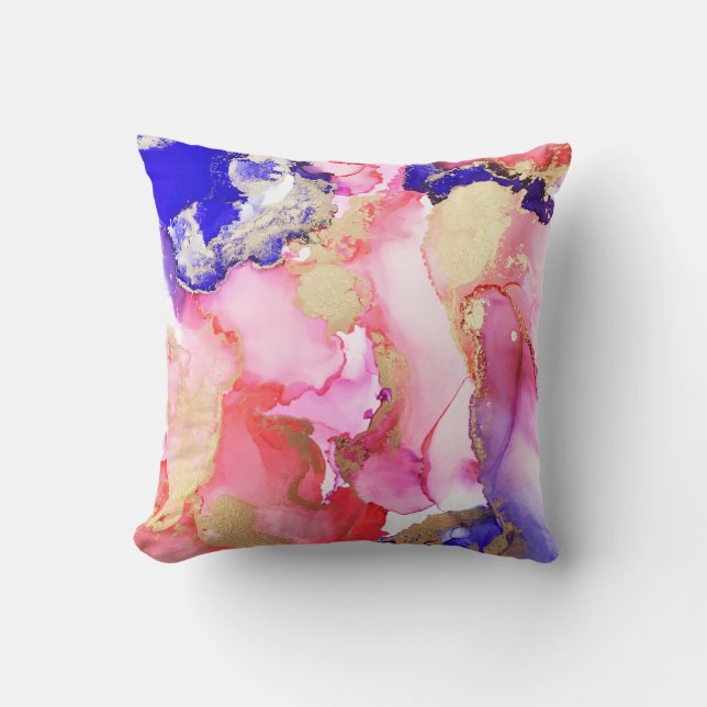 Fluid Art Abstract Pink Purple Gold Metallic Cushion (Front)