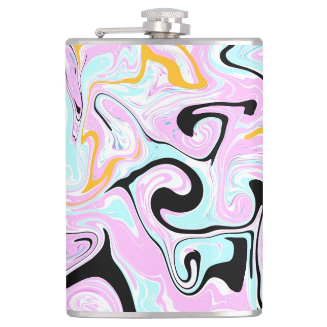 Fluid Art  Cotton Candy Pink, Teal, Black and Gold Hip Flask (Front)