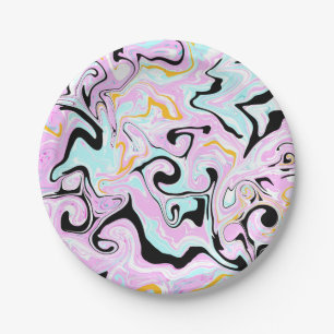 Fluid Art Cotton Candy Pink, Teal, Black and Gold Paper Plate