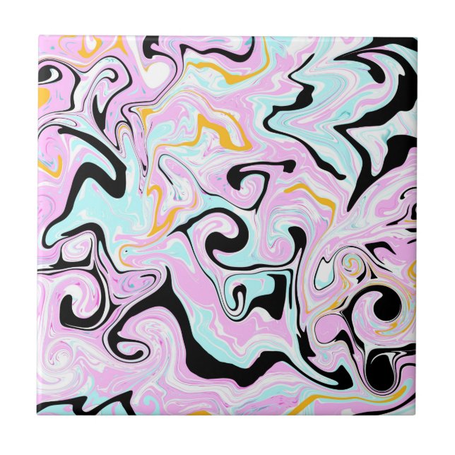 Fluid Art  Cotton Candy Pink, Teal, Black and Gold Tile (Front)