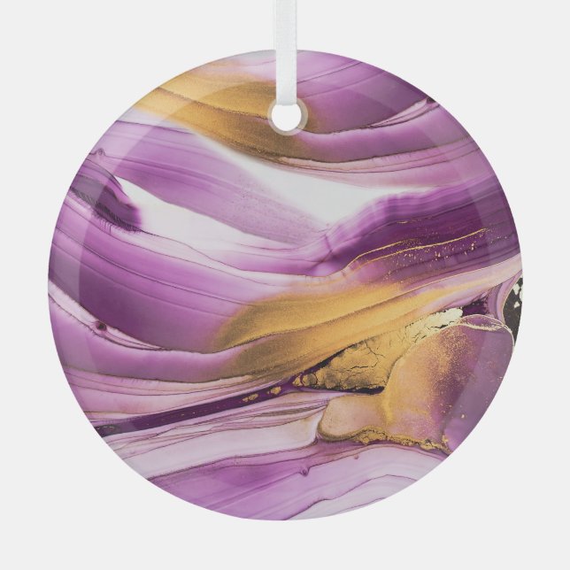 Fluid art, lilac gold marbled texture. glass tree decoration (Front)