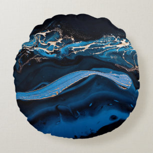 Fluid Art. Liquid Metallic Gold in abstract blue w Round Cushion