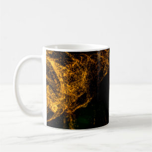 Fluid gold color particles flowing beautiful with coffee mug