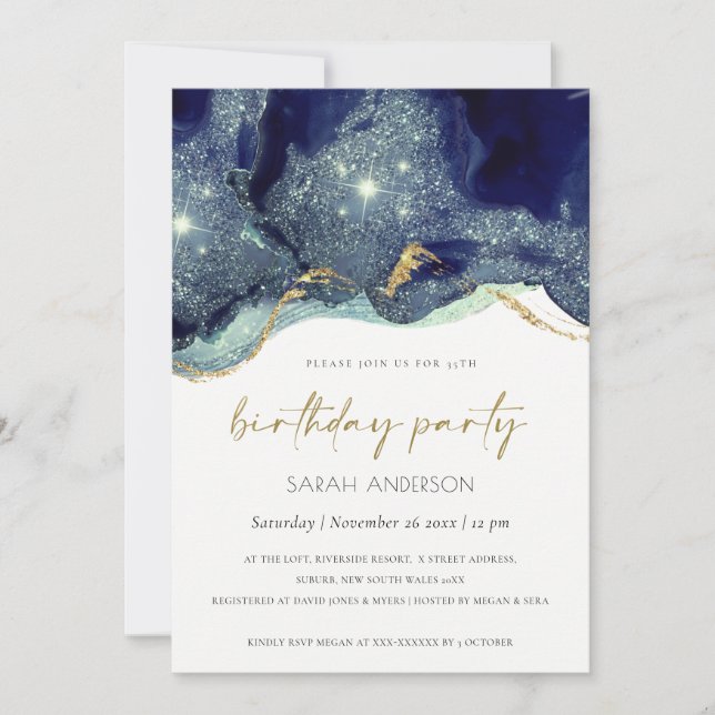 Fluid Gold Navy Glitter Any Age Birthday Invite (Front)