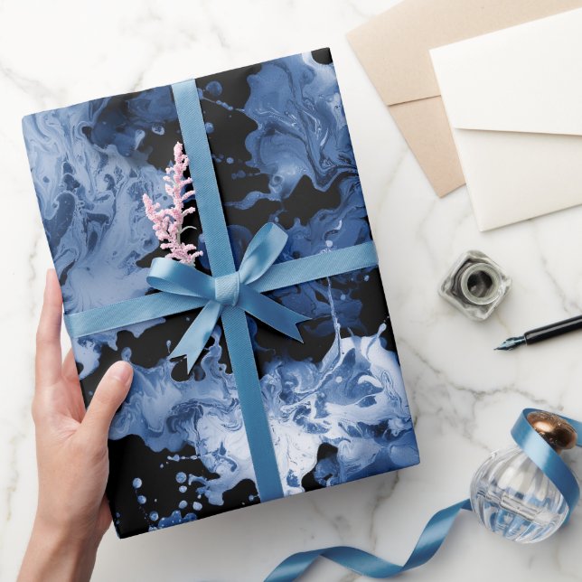 Fluid Ink Indigo Black Splash Abstract Pattern Wrapping Paper (Gifting)