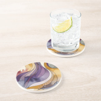 Fluid lines purple and golden abstract watercolor coaster