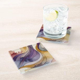 Fluid lines purple and golden abstract watercolor glass coaster