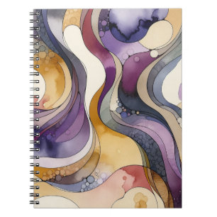 Fluid lines purple and golden abstract watercolor notebook