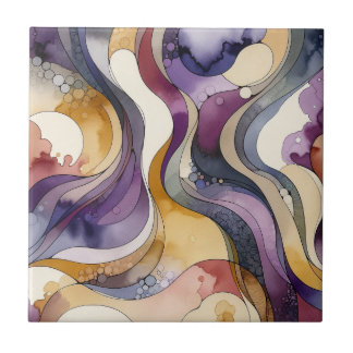 Fluid lines purple and golden abstract watercolor tile
