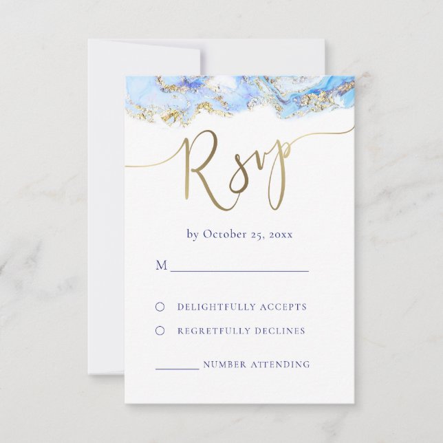 fluid marble blue ink RSVP wedding (Front)