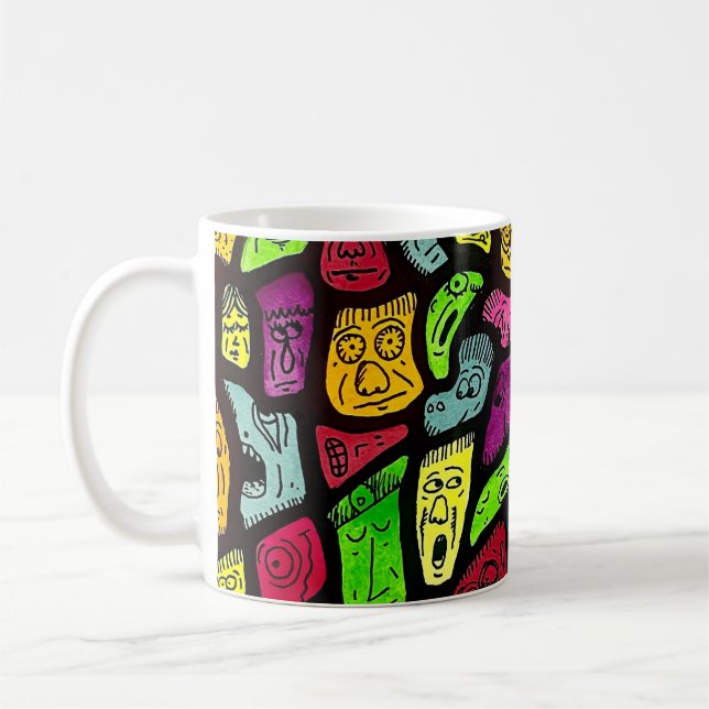 Fluorescent Cartoon Weird Faces Drawing Coffee Mug (Left)