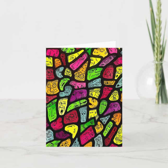 Fluorescent Cartoon Weird Faces Drawing Folded Note Card (Front)